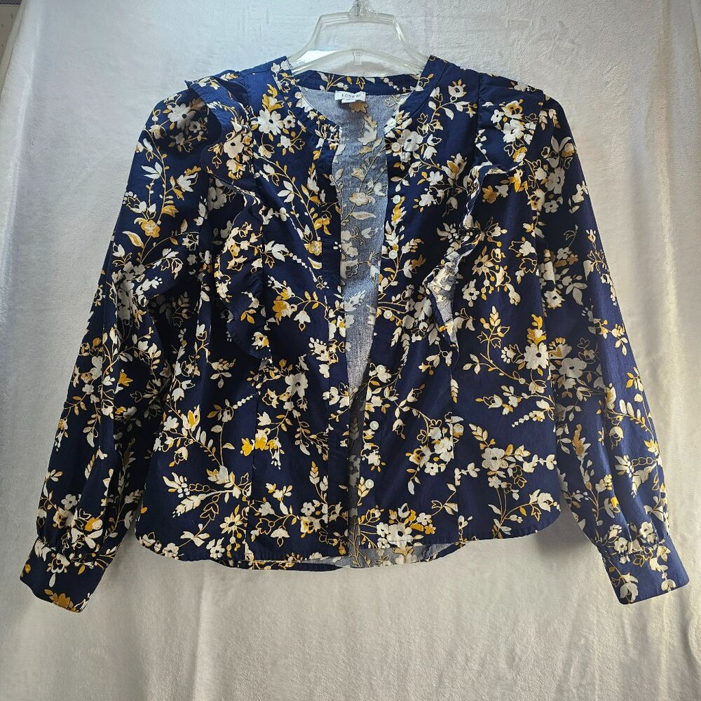 J. Crew Women Blouse Poplin Ruffle Size M Navy Floral Button Up Long Sleeve